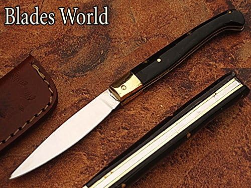 HAND MADE STAINLESS STEEL "7.5 FOLDING POCKET KNIFE WITH BUFFALO HORN HANDLE & SOLID BRASS BOLSTER,FINE ART FILE WORK BLADE UNDER 3 INCHES (BDM-181)