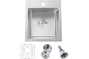 HOTIS HOME Hotis 15x15 Inch Drop In Bar Sink, Brushed Nickel Stainless Steel Topmount Small Kitchen Sinks, Wet Bar Sink For Outdoor, RV, and Outdoor Yard with Dish Grid and Basket Strainer