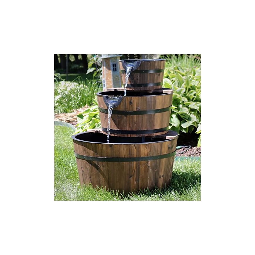 Sunnydaze Wood Barrel Water Fountain 3Tier Waterfall Fountain