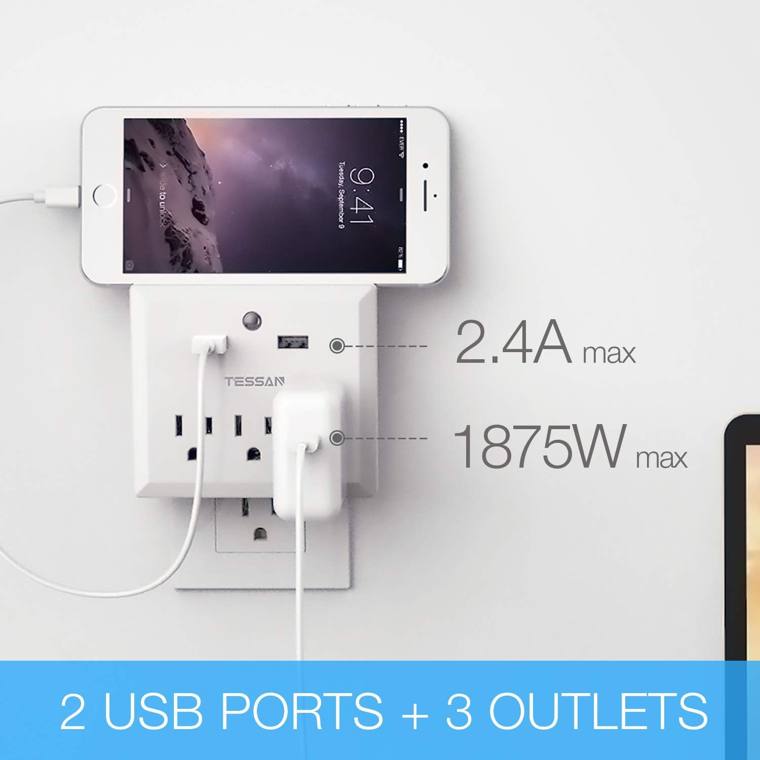 Multi Plug Outlet Extender with USB Wall Charger and Night Light, 3 Electrical Outlet Splitter 2 USB Phone Charger Wall Plug for Cruise Essentials, Multiple Power Outlet Expander with Charging Station - - 