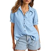 Cicy Bell Womens Puff Short Sleeve Button Down Shirts Summer Casual Collared V Neck Blouse Linen Loose Fit Work Tops