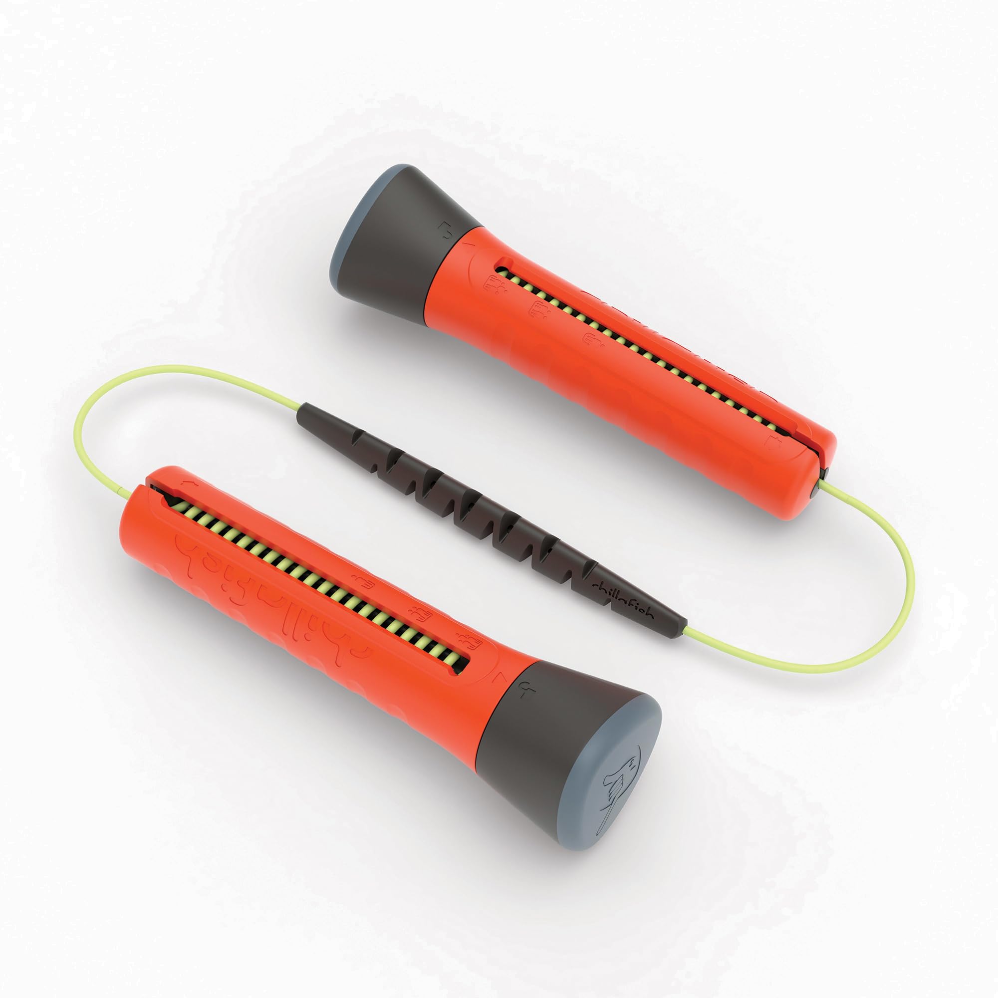 Skibbi adjustable length jump rope for single or double dutch group use, twist to adjust length from 20 to 330 cm, with weighed accelerator. Orange
