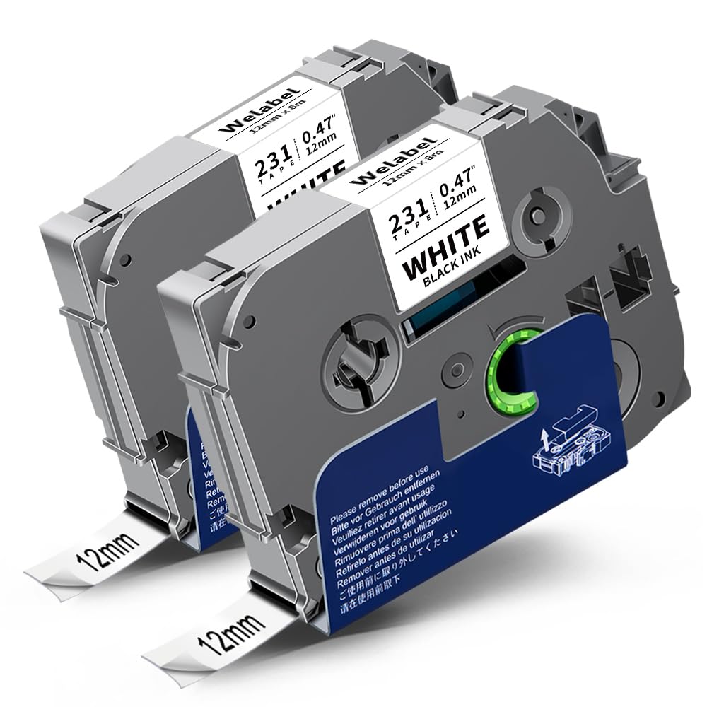 Welabel 2X Compatible TZe-231 TZC-231 for Brother PTouch Label Tape 12mm Black on White 0.47 TZe Laminated for Brother P-Touch PT-H110 PT-H101C D200 PT-H100LB PT-1000 PT-H105 PT-H107 PT-E100 PT-1080