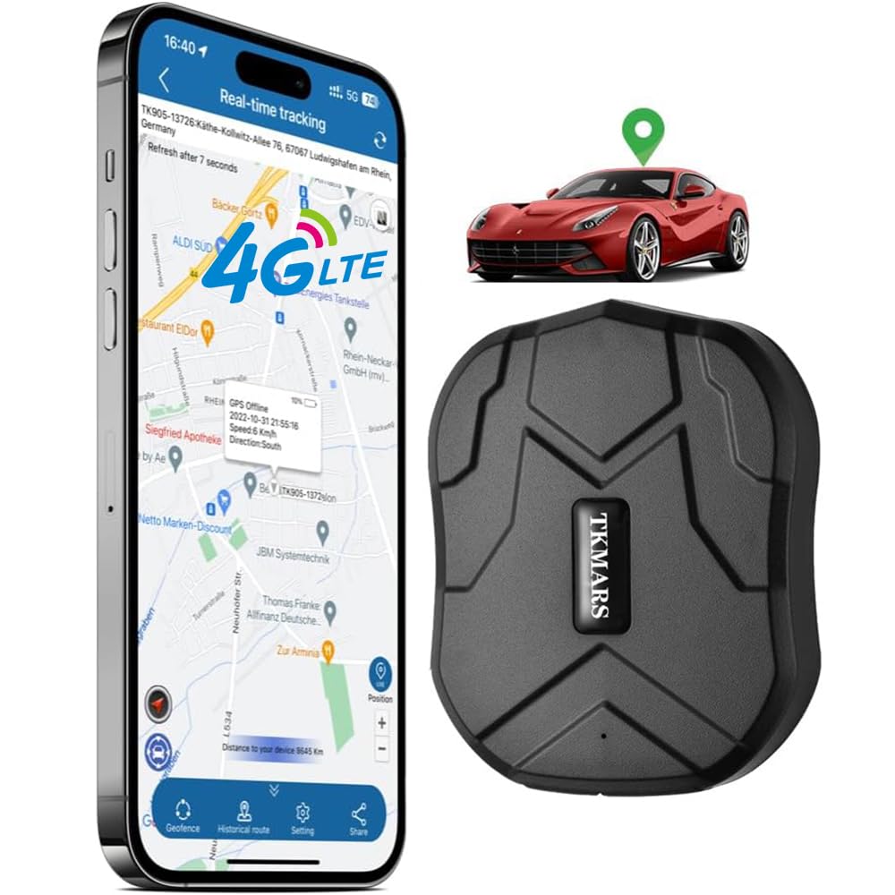TKMARS 4G GPS Tracker Car Tracker Strong Magnetic Anti-Theft Real-Time Tracker Device Accurate Positioning 5m 40 Days Standby Waterproof Vehicle Tracker for Boat Truck No Subscription TK905