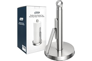 theaoo Heavy-Duty Stainless Steel Paper Towel Holder with Tension Arm – Easy One-Handed Tear, Modern Standing Countertop Disp