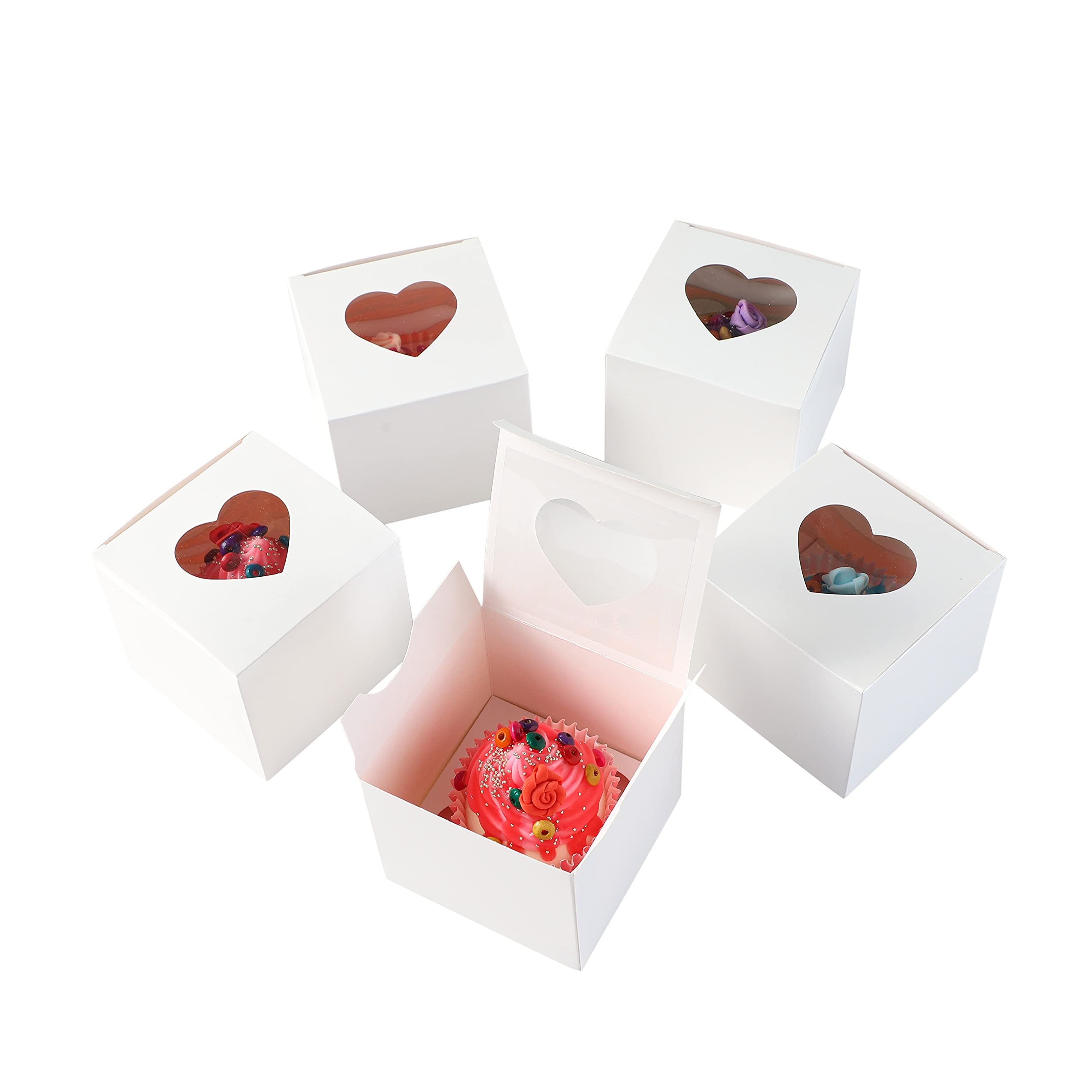 Komonee 24 x Cupcake Boxes Individual White Heart Shape Clear Window Single Fairy Cup Cake Cardboard Packaging Box Baking Kids Muffins Cookies Brownies Christmas Bake Weddings — image 1