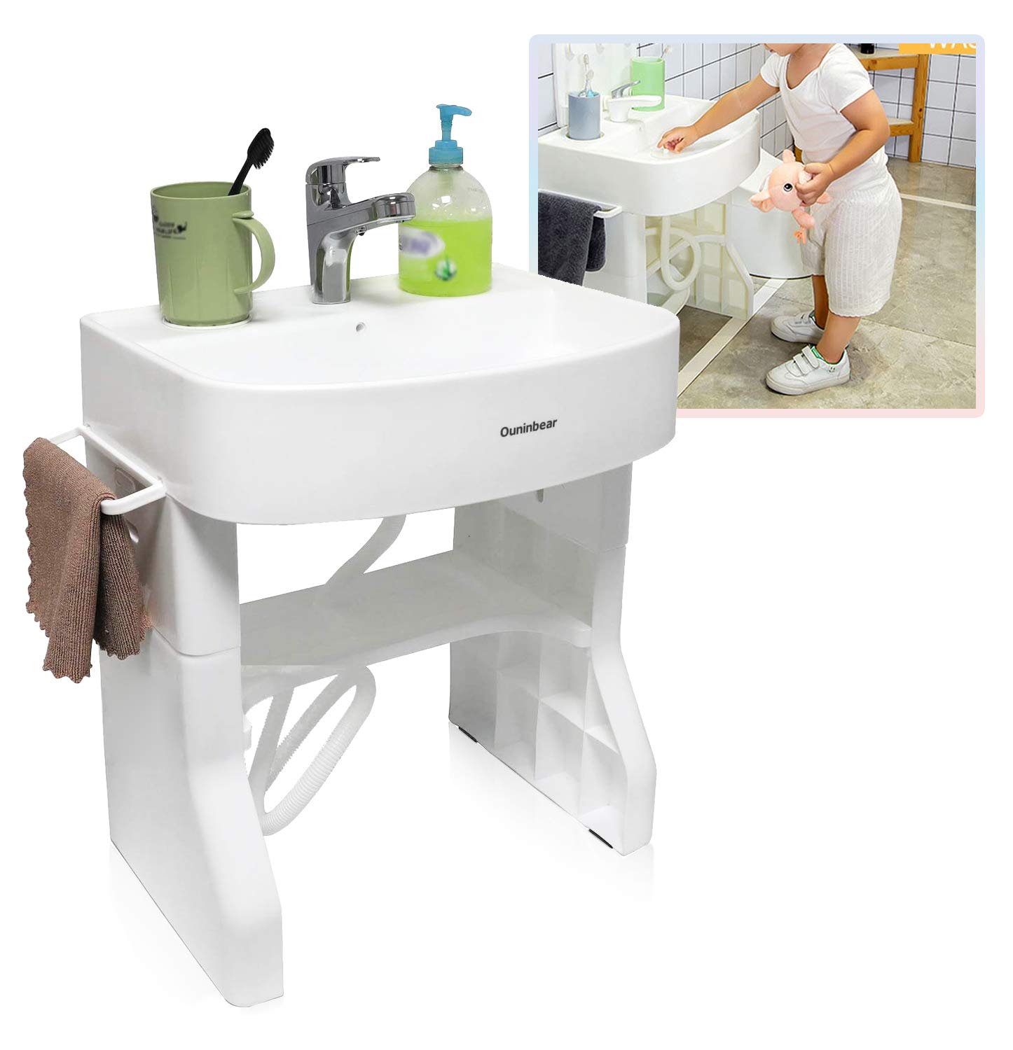 HTTMT- Washstand Self-Care Station Portable Wash Basin For Child Kids Baby Toddler KEarly Training Learning Plastic Washbasin Simulation Towel Shelf [P/N: ET-BABY007-WHITE]