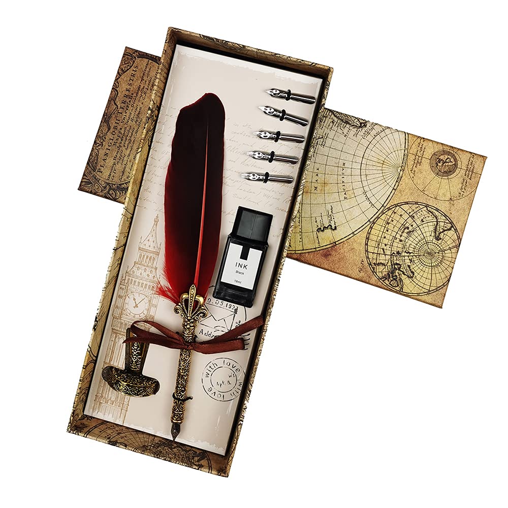 AOMAYLL Retro Feather Pen Set, Quill Pen Set Antique Calligraphy, 5 Replacement Nibs and Ink Set for Writing Letters,Diary, Signing, Gift Etc(red)