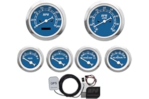 MOTOR METER RACING Classic 6 Gauge Set with GPS Electrical Speedometer Digital Odometer Blue Dial White Needle Light Bulb Illumination 85mm 3-3/8" & 52mm 2-1/16"