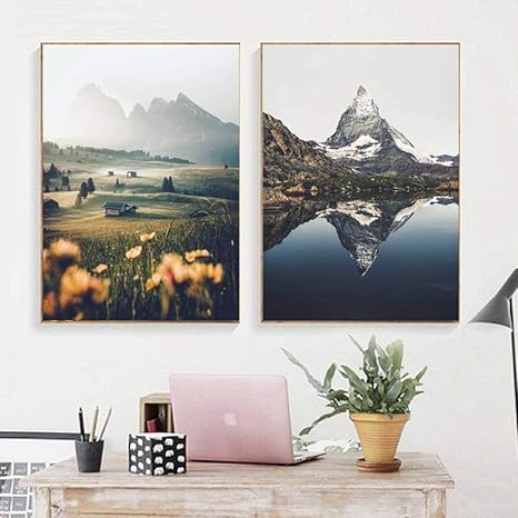 Amazon 風景キャンバスポスターウォールアート北欧山湖の森プリント絵画田舎の装飾写真家の装飾 50x70cmx2個フレームなし ウォールステッカー オンライン通販