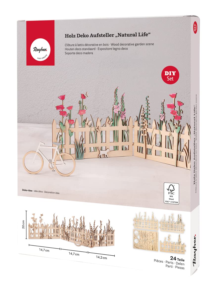 Rayher Wooden Display Building Kit with Flower Garden Design, DIY Wood Craft Set with 24 Pieces, Craft Kit, natural wood, 20x14,7+19,5x14,7+20x14,2cm, 64525505