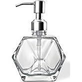 Modern Geometric Shape Clear Glass Soap Dispenser, Lotion Dispenser Bottle with Rust Proof Stainless Steel Pump for Kitchen, Bathroom Accessory, Countertop, Great for Soap, Lotions and Body Oil.