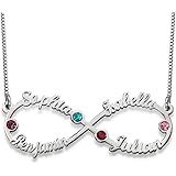 Infinity Four Name Necklace in Silver with Birthstones - Personalized