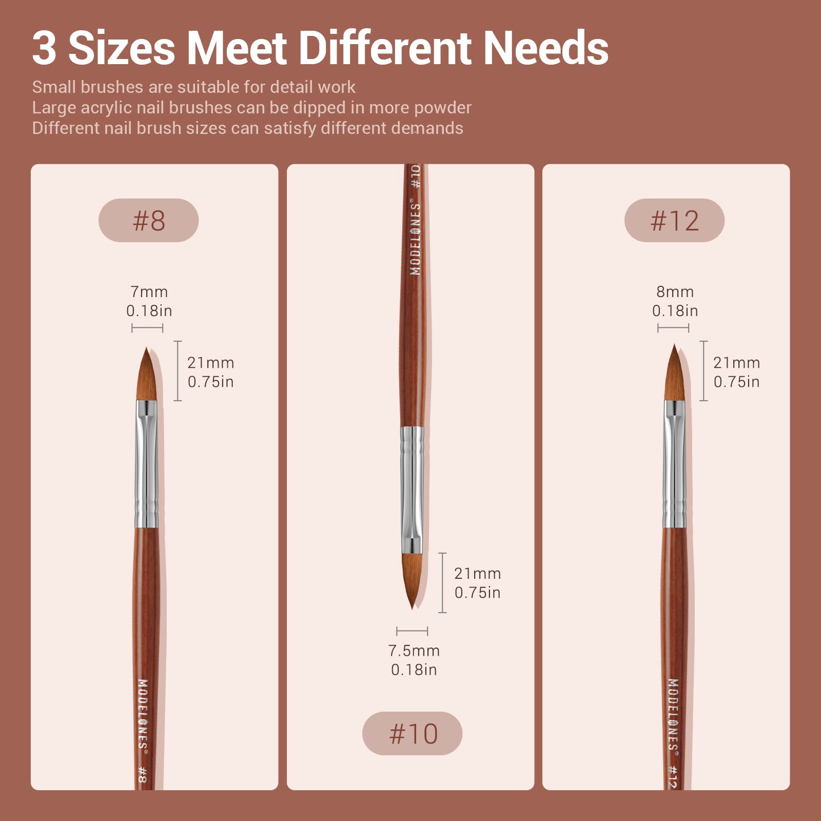 Modelones Kolinsky Acrylic Nail Brush Set, Size 8/10/12 Round Shaped Nail Brushes for Acrylic Powder, Gel Polish, Extension Gel, 3D Carving & Detailing Design with Wooden Handle Salon & DIY Use