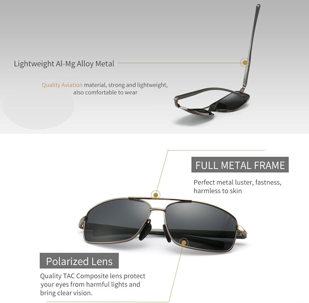 SUNGAIT Ultra Lightweight Rectangular Polarized Sunglasses UV400 Protection (Gunmetal Frame Gray Lens, 62) Metal Frame 2458 QKH: Clothing