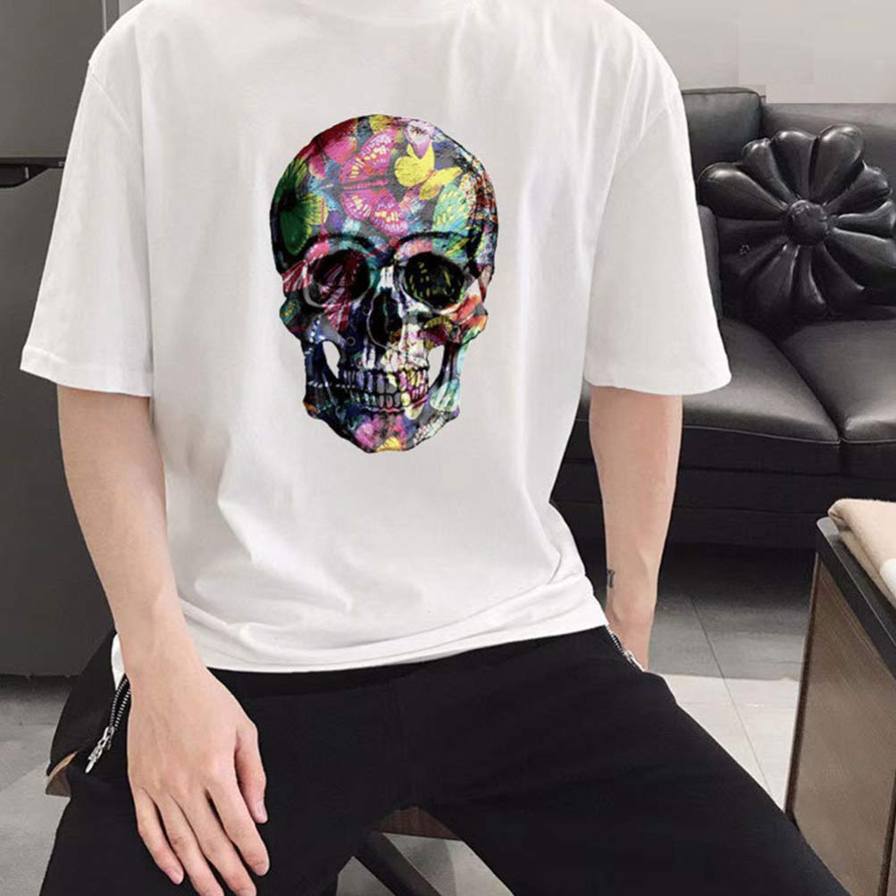 EXCEART Hot Sticker Set - 2 Pcs Skull Transfer Stickers for Clothing Halloween Decoration Iron on Patches with Rose Flower Design DIY Craft Appliques for Jackets and Costumes