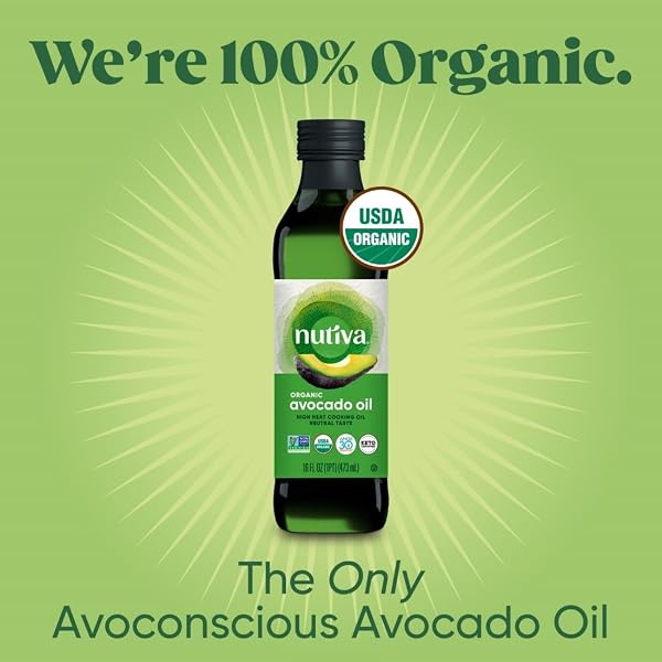 NUTIVA ORGANIC STEAM-REFINED AVOCADO OIL, 100% PURE, 16 FL OZ, USDA ORGANIC, NON GMO, WHOLE 30 APPROVED, KETO, PALEO, HIGH-HEAT OIL WITH NEUTRAL FLAVOR AND AROMA FOR COOKING & FRYING