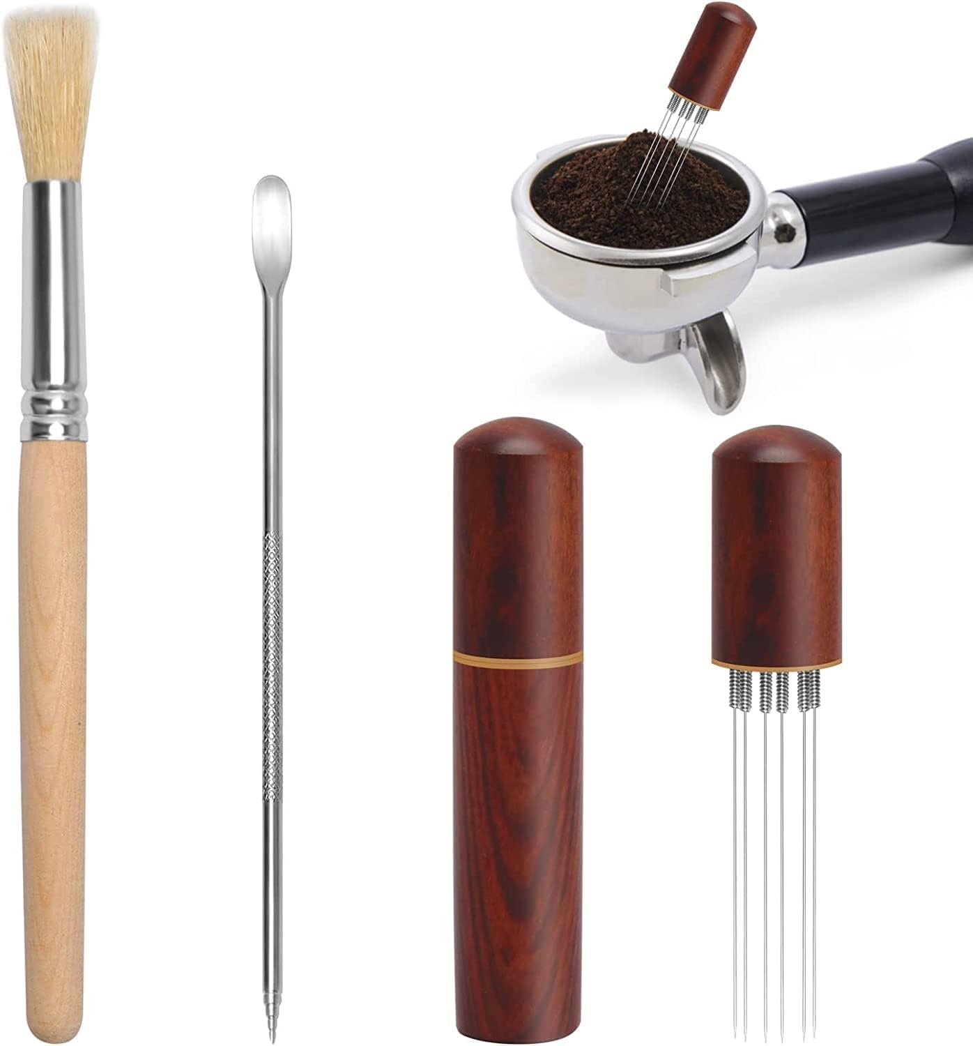 CHEYLIZI Espresso Distribution Tool 6 Needle Espresso Coffee Stirrer 0.4mm Thick Espresso Stirrer with Nature Wood Handle and Stand Coffee Stirrer Tool with Coffee Art Pen and Coffee Brush for Barista