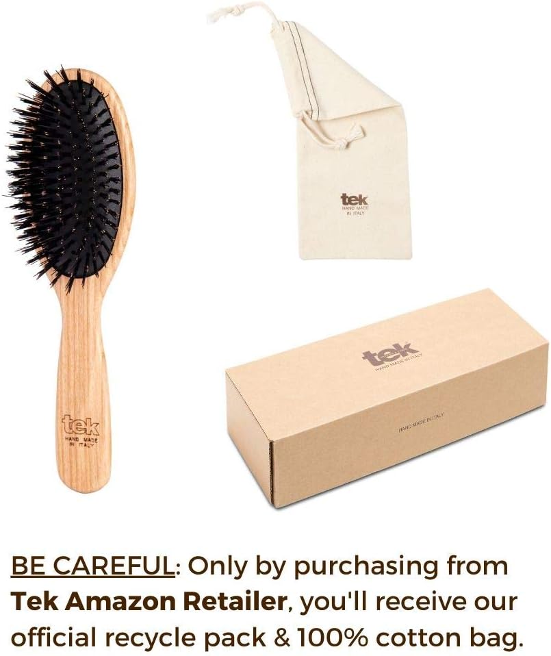 TEK - Large Oval Brush with Ecological Bristles Handmade in Italy, for Fine Hair - 22 x 6 cm, Natural, Black - Image 4