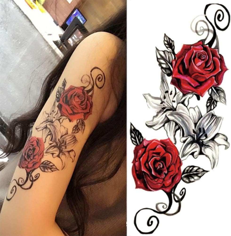 Yesallwas 4 Sheets Large Temporary Tattoo Sticker Fake Tattoos for Women Girls Models,Waterproof Long Lasting Body Art Makeup Sexy Realistic Arm Tattoos -Rose - Image 3