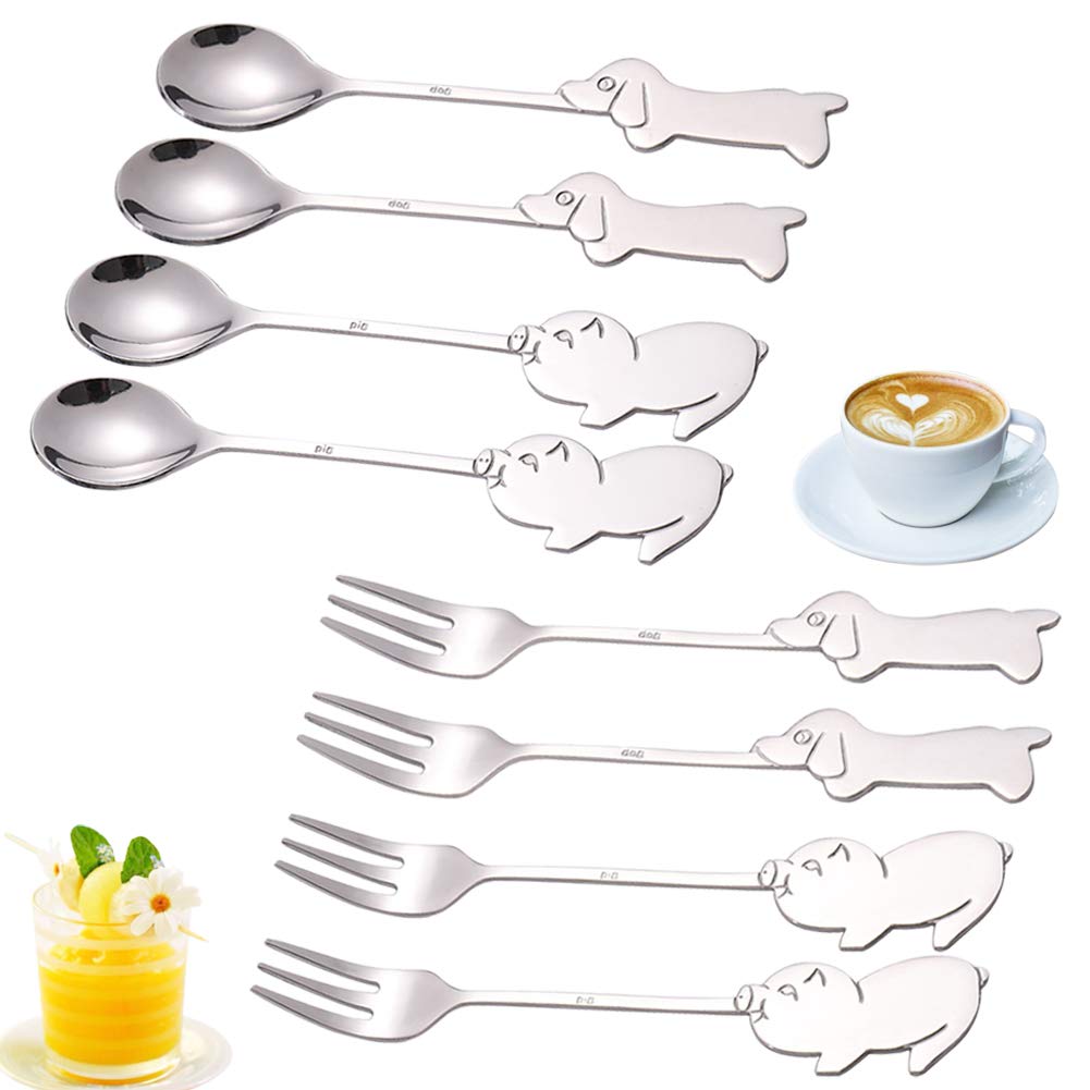 Animal Creative Design Set Tableware Polished Stainless Steel Fork Spoon/Cup Spoon/Fruit Fork/Kitchen Assistant Tool/Gift Spoon, 8 Pieces, Dishwasher Safe