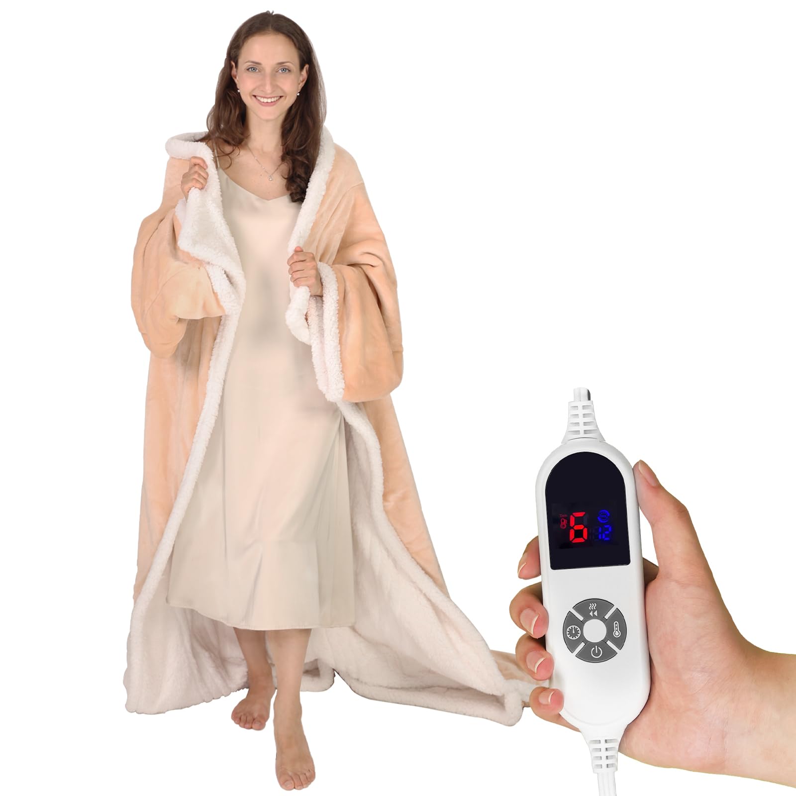 Photo 1 of Butizone Heated Throw Blanket with Sleeves, Wearable Electric Blanket with Foot Pocket, 6 Adjustable Heat Settings, 70 * 50", Cozy Flannel and Sherpa, Beige