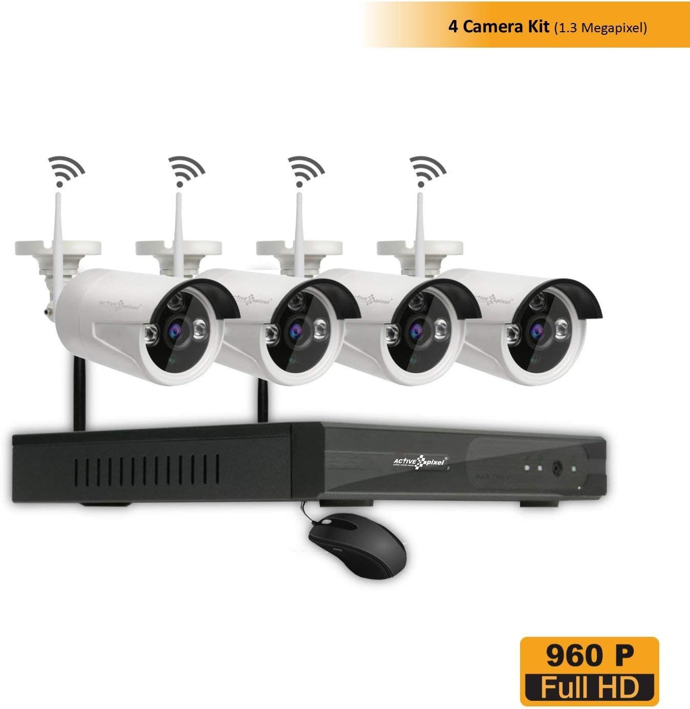 Active Pixel 960P AUTO-Pair Wireless System 4 Channel HD Wireless NVR kit with 4X 960p HD 1.3MP Outdoor/Indoor Waterproof Wireless IP Security Cameras