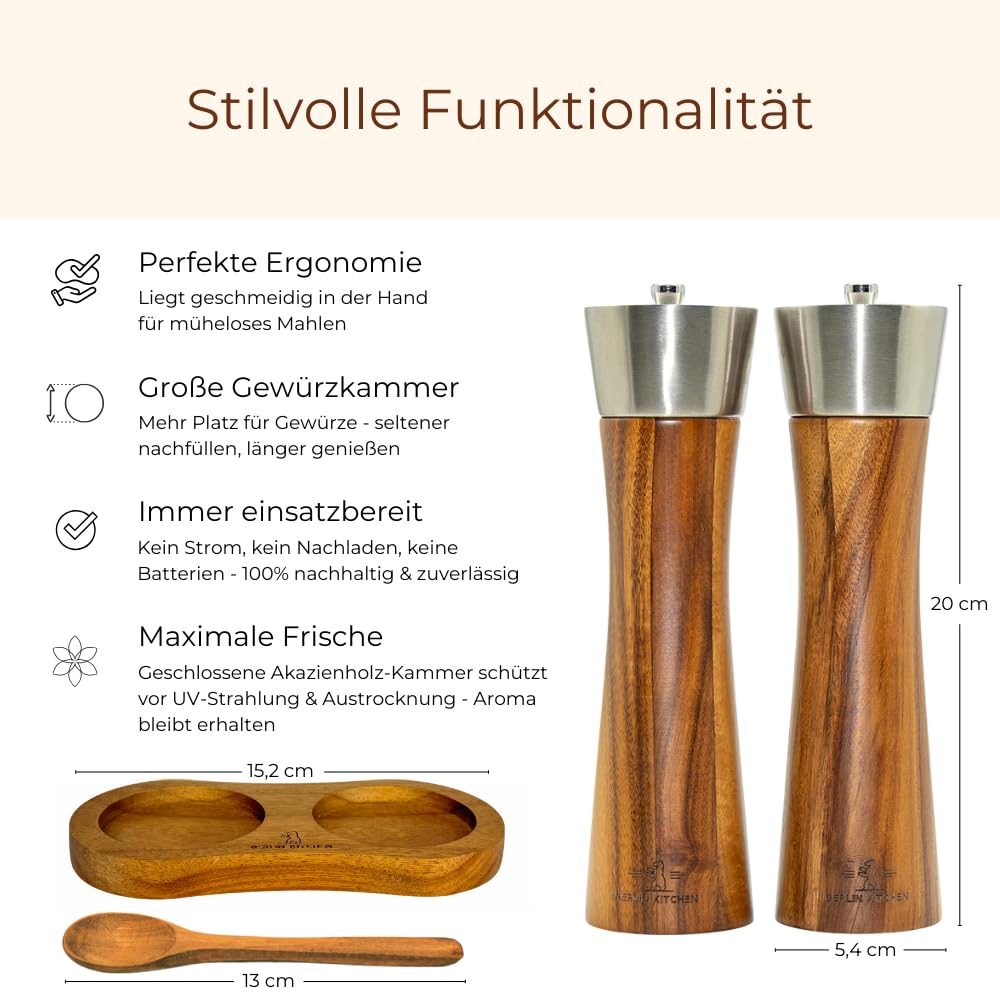 BERLIN KITCHEN® Salt'n Pepper Passion Salz- und Pfeffermühle Set | Edle Akazie & Edelstahl | GRATIS Dosierlöffel | Langlebiges Keramikmahlwerk | Stilvolles Geschenk | Stufenlos einstellbarer Mahlgrad 4
