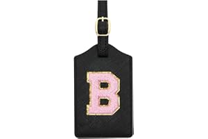 CHOIEO Initial Luggage Tag, PU Leather Luggage Tag, Embroidered Luggage Tag, Letter Luggage Tag, Monogrammed Luggage Tag, Luggage Tag for Baggage Bag Suitcase (B, Black Leather+Pink Letter)