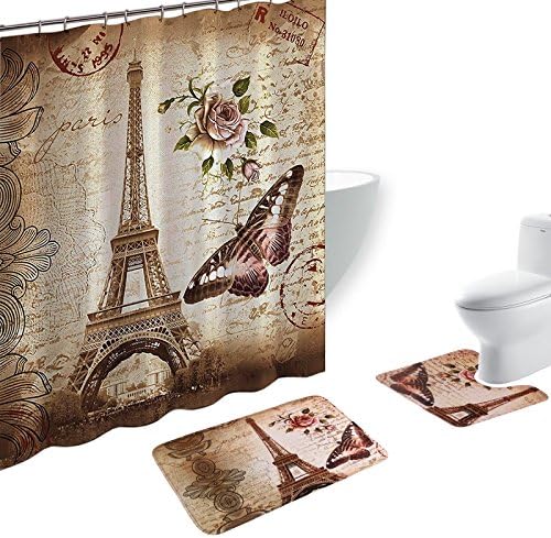 Amgical 15 Piece Shower Curtain Set Bath Mat Set Contour Mat with 12 Hooks Paris Tower Print