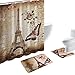 Amgical 15 Piece Shower Curtain Set Bath Mat Set Contour Mat with 12 Hooks Paris Tower Print