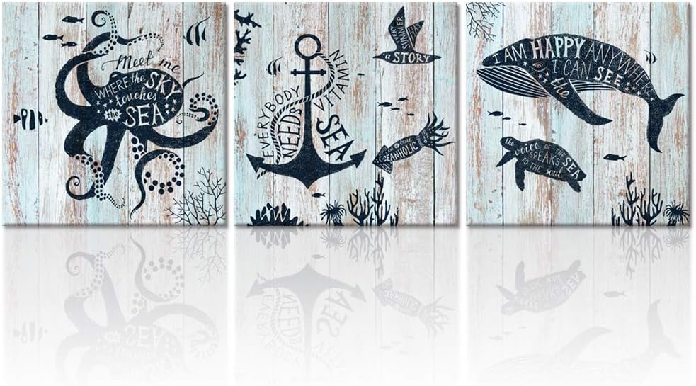 WELMECO Rustic Underwater Marine Creature Wall Art Blue Turtle Octopus Whale Anchor Painting Giclee Canvas Prints Wooden Backgound Pictures Ready to Hang Decoration (02 Sealife)