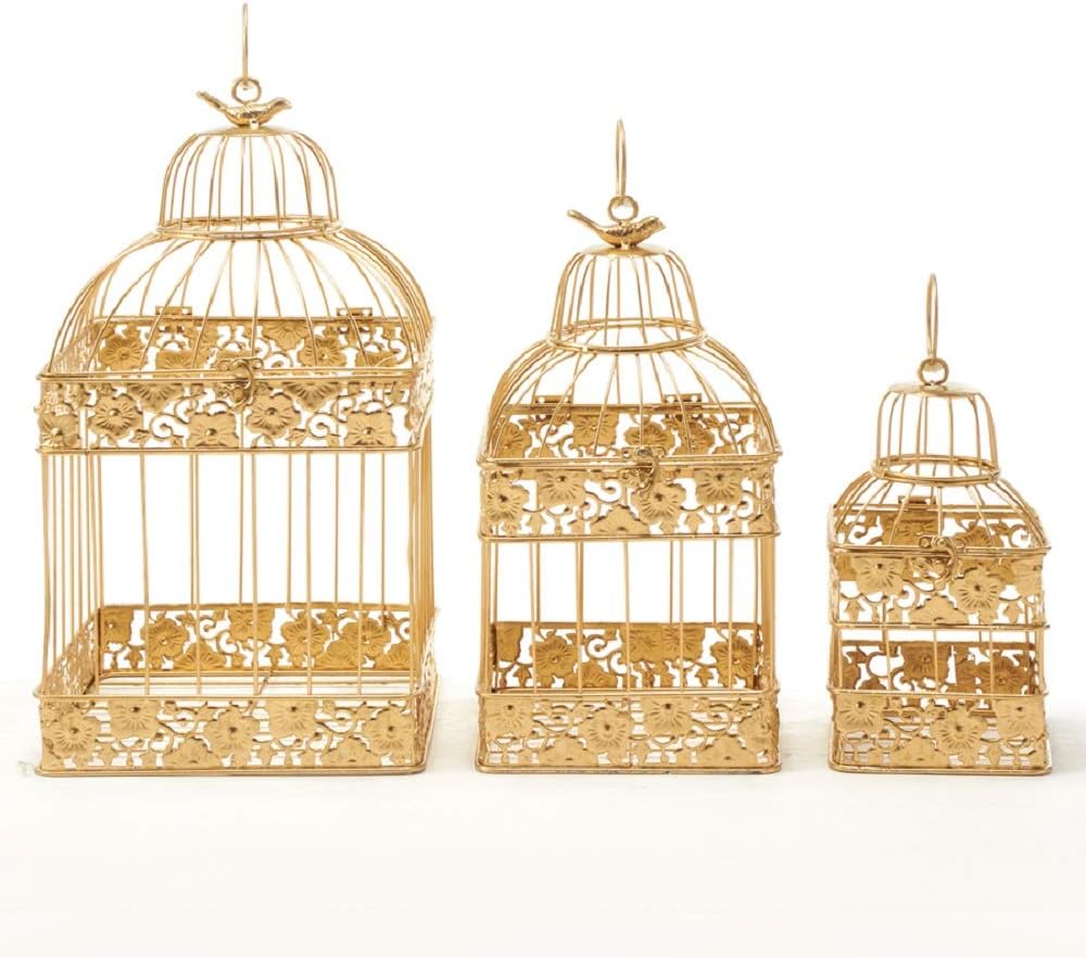 Event Decor Direct Square Bird Cage Metal Hanging Decorative Wedding Tabletop Centerpiece Durable Arrangement, Set of 3, Gold