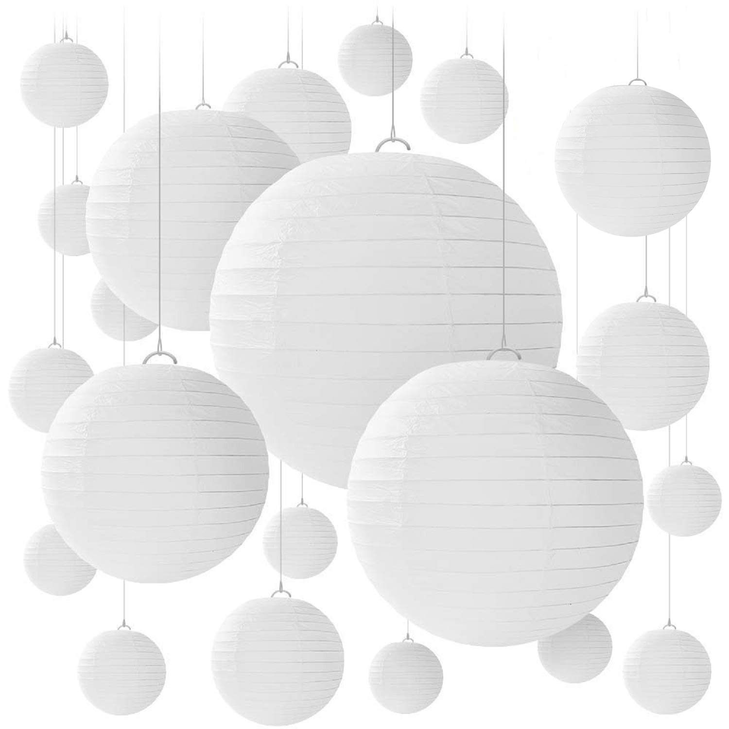 Jangostor 20 PCS White Round Paper Lanterns with Wire Ribbing, Different Sized Lampshades for Weddings, Birthdays,Parties, Rooms and Events - Assorted Sizes of 15, 20, 25, 30 cm