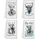 WADORN 4Pcs Highland Cattle Kitchen Towels, Vintage Farmhouse Rustic Dish Towels 24 x 16 Inch Animal Microfiber Absorbent Soft Tea Dishcloths for Cooking Bathroom Holiday Housewarming Gifts