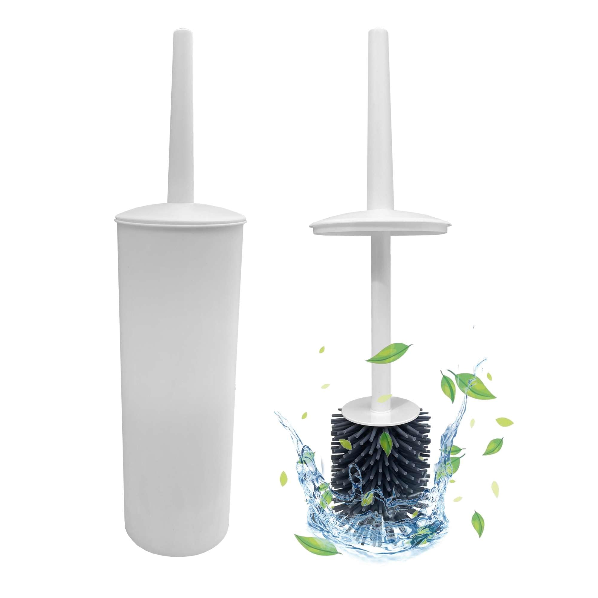 Toilet Brush with Drainage Holder Set,Flex Silicone Anti-Clog Anti-Drip Brush Head, White, 2-Pack