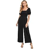 Love Welove Fashion Jumpsuits for Women Dressy Short Sleeve Smocked High Waist Wide Leg Pants Loose Romper Outfits