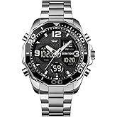 VIGOROSO Digital Analog Watch Men's Wrist Watches for Men Waterproof Watch | Military stainless steel wristwatch for men,Silver waterproof watch with Stopwatch Date Chronograph Alarm 12/24 Hours 2 Times