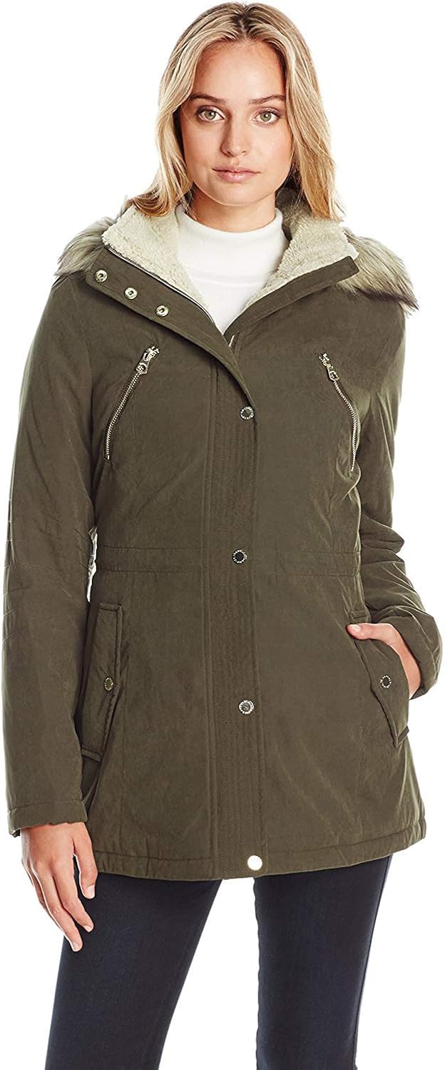 Nautica Women's Micro Fiber Parka Anorak with Hood/Faux Fur Trim Olive