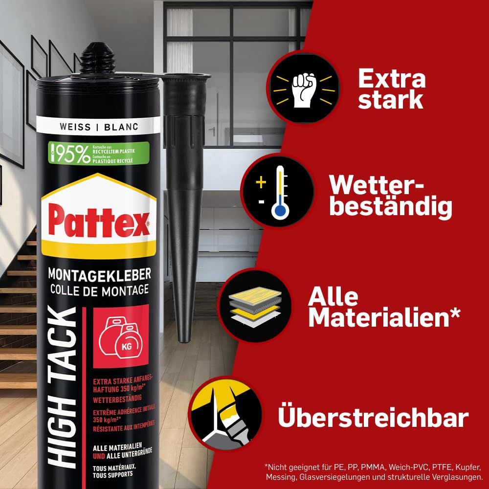Pattex Montage High Tack, Montagekleber mit sehr starker Anfangshaftung, lösemittelfreier Baukleber für fast alle Materialien*, Klebstoff für innen und außen**, 1x511g Kartusche 3