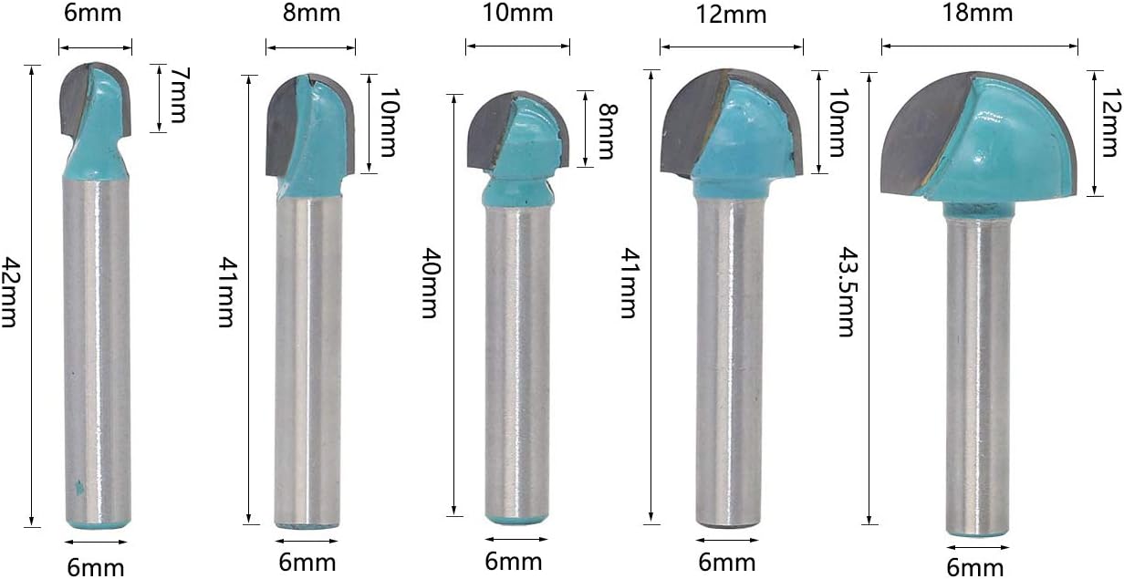 Saipor 6mm Shank Cove Core Box Router Bits Set Carbide Tipped Round Nose Double Edging Router Bits for Woodworking Grooving Pack of 5 - Image 3