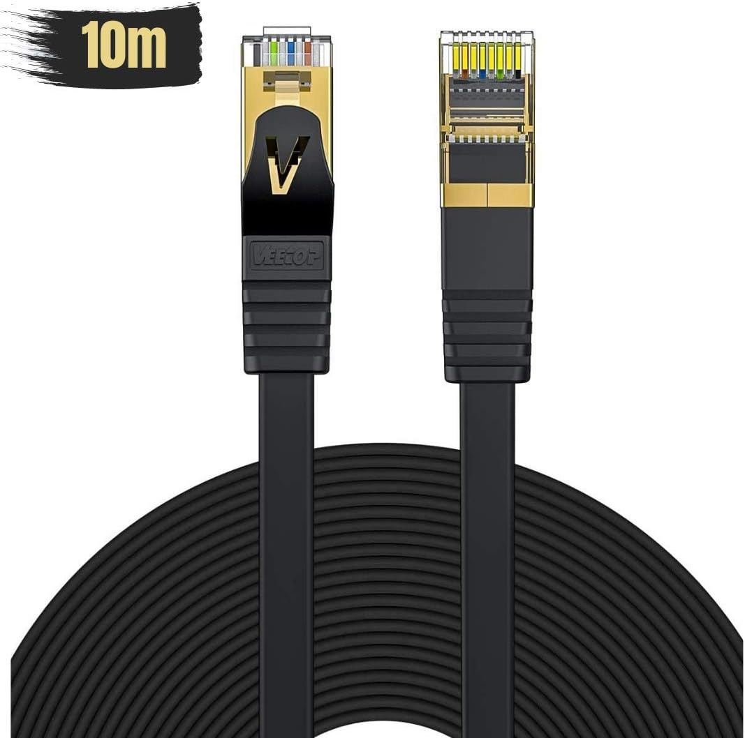 Veetop 10m/32.8ft Flat CAT7 High Speed 10Gbps RJ45 Cat 7 Ethernet cables LAN Networking Cable with STP Copper Wires Shielded & Gold Plated Connector for Computer Laptop Router