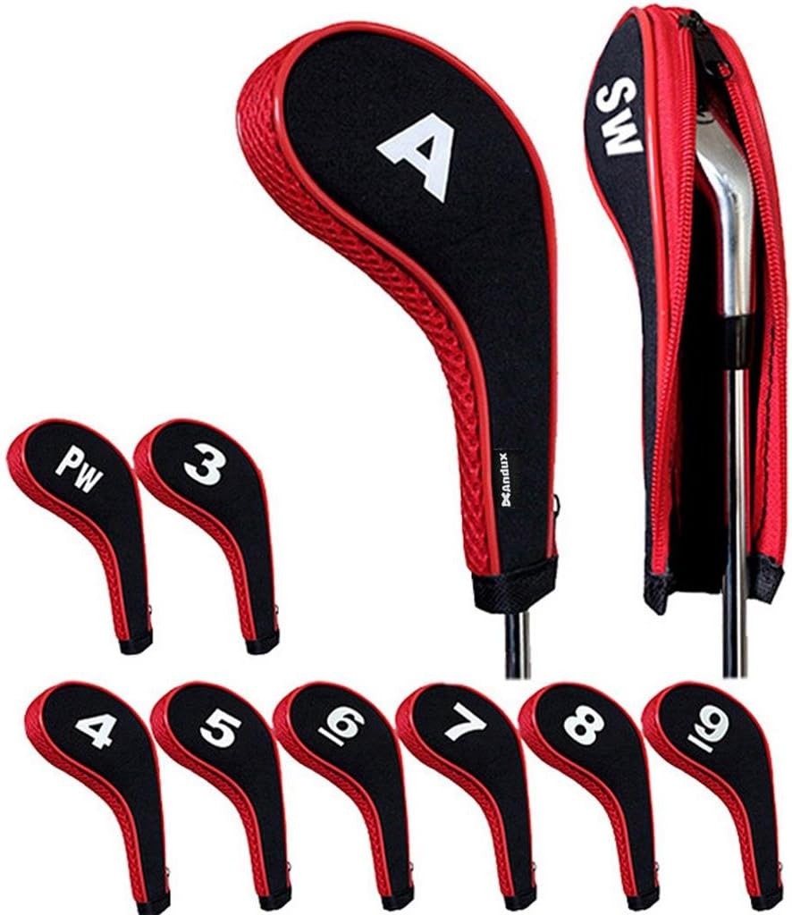 Andux Number Print Golf Iron Club Head Covers with Zipper RH 10pcs/set Black/red, Black / Red