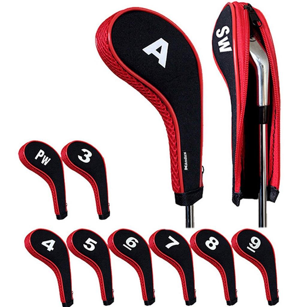 Andux Number Print Golf Iron Club Head Covers with Zipper RH 10pcs/set Black/red