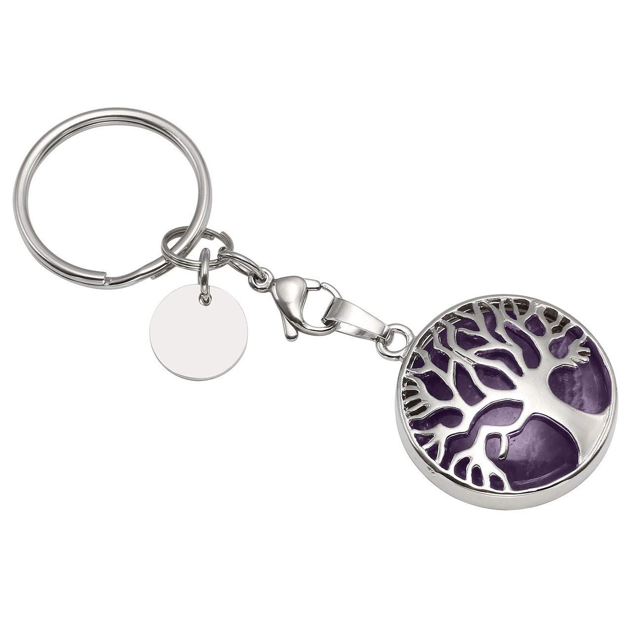 JSDDE Natural Amethyst Crystal Keyring Silver Life Tree Healing Crystals Stone Key Chain