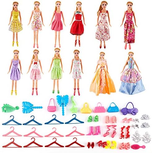 KIDAMI 50 Pcs Doll Clothes Outfits for Barbie Dolls Include 12 Pack Fashion Doll Clothes Dresses Party Gown Outfits and 38 Pcs Barbie Accessories for Girl’s Birthday Xmas Gift