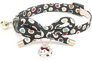 PetSoKoo Cute Bowknot Cat Collar with Bell. Japan Colorful Polka Dots Pattern. Lucky Cat Charm. Safety Breakaway, Soft, for Girl Boy Male Female Adult Cats,Black