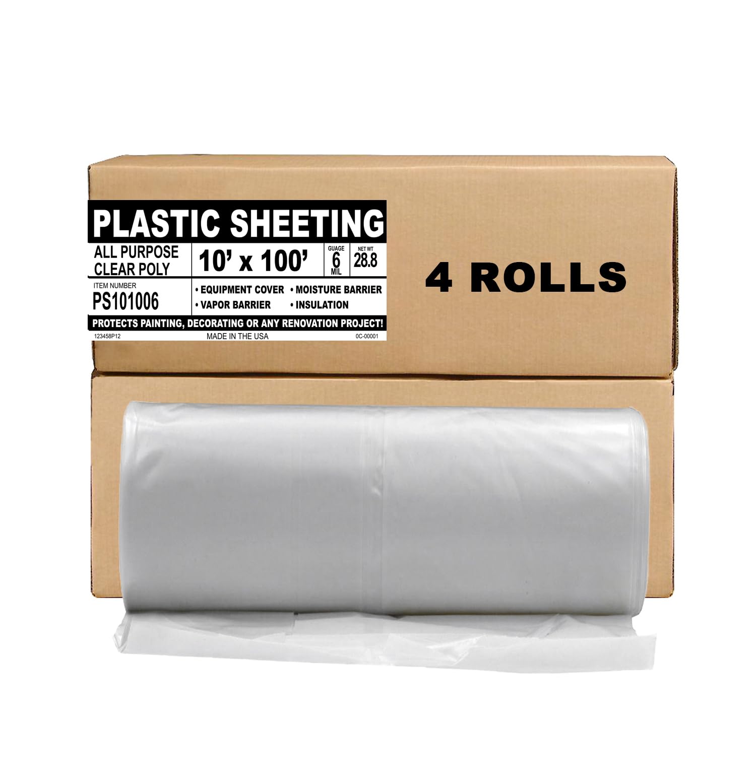 Aluf Plastic Sheeting - 4 Rolls of 10' x 100', 6 MIL Heavy Duty Gauge - Clear Vapor and Moisture Barrier Sheet Tarp/Drop Cloth for Painting, Furniture Covers, Carpet Cover, Floor, Paint, Painters Image