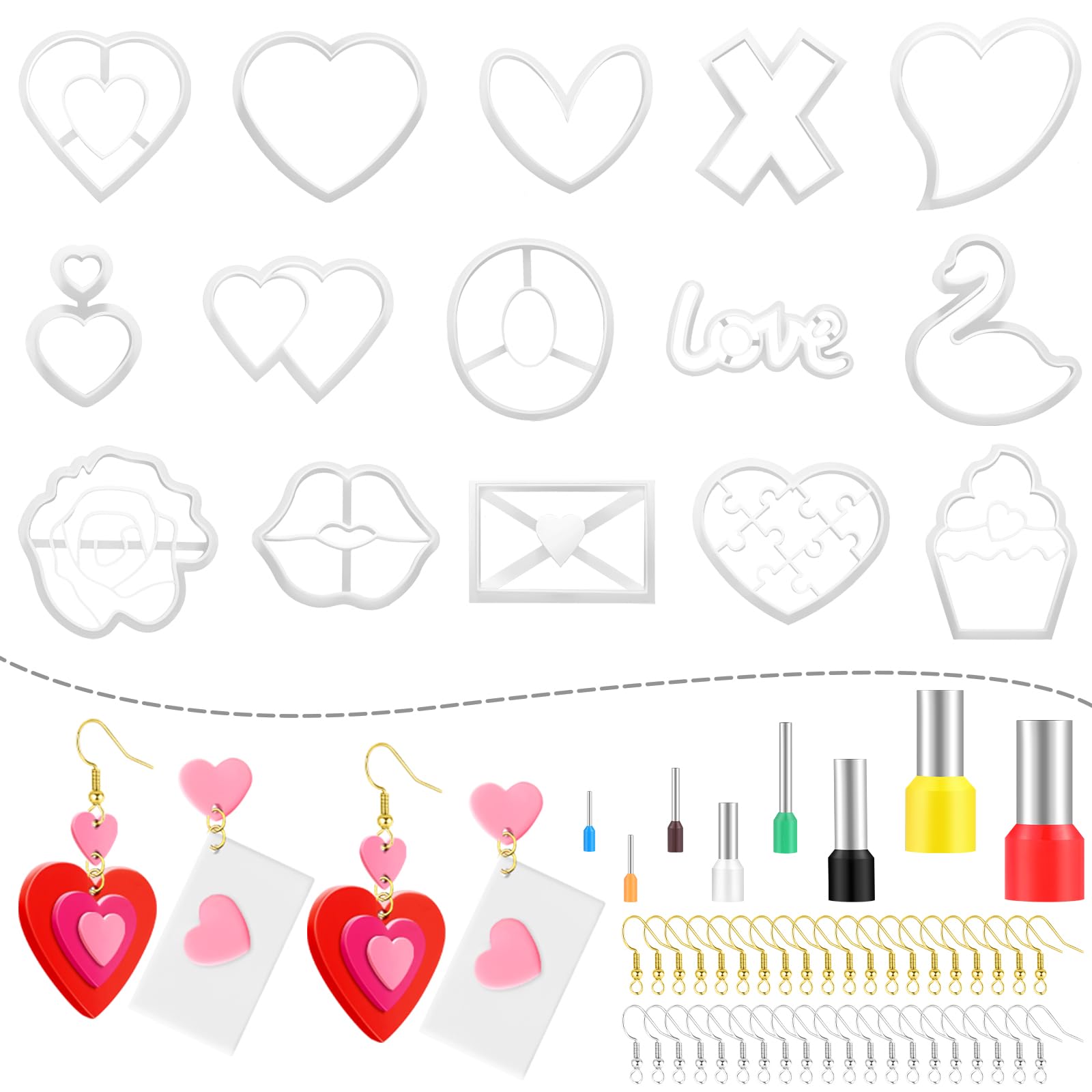 Photo 1 of Kajaia 114 Pieces Valentin's Day Polymer Clay Cutters with Earring Cards 16 Shapes Valentines Earring Clay Cutters 80 Earring Hooks and Rings Heart Clay Cutters Supplies