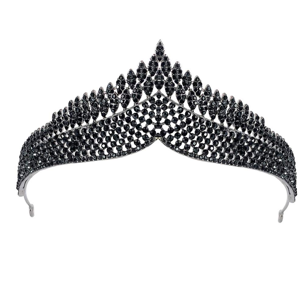 FRCOLOR Jeweled Baroque Queen Headpiece, Black Gothic Rhinestone Wedding Crown Costume Party Hair Accessory for Women